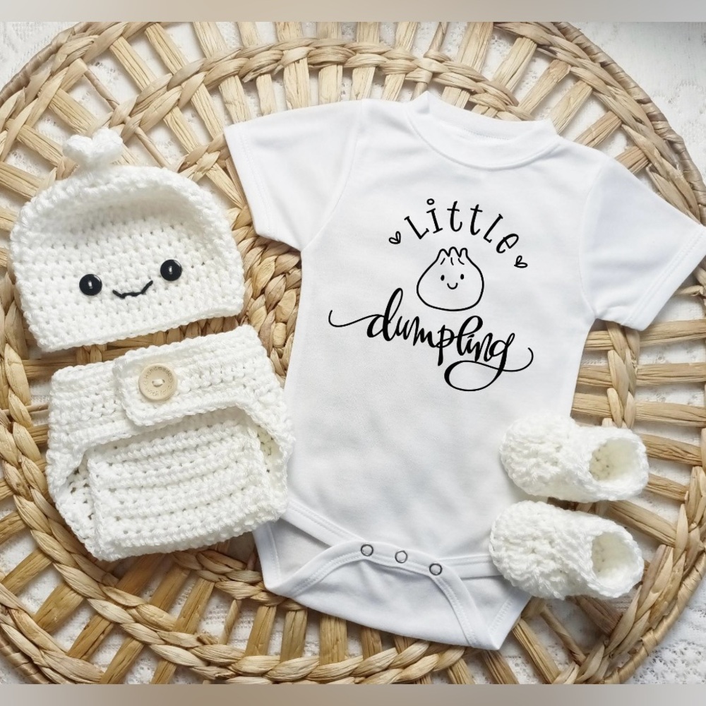 Handmade Crochet Dumpling Baby Outfit Set and Dumpling Onesie